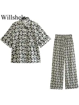 Willshela, женски модерен комплект от две части, однобортная риза с принтом, реколта панталони с завязками, Луксозни комплекти панталон за дрехи за дома