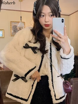 Woherb 2023 Зимата на топло палто с кръгло деколте, секси мозайка елегантна дебели палта с дълъг ръкав, женски корейското модно вълнена късо палто с лък