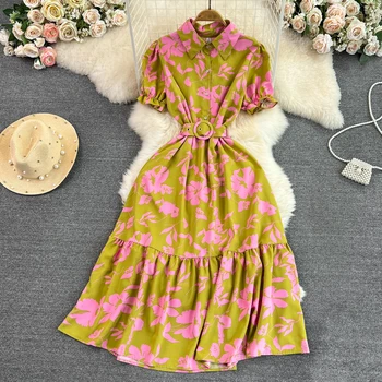 YornMona Винтажное рокля с флорални принтом Лятото Елегантна женствена рокля с къс ръкав Regular Fit Дълга рокля в стил империя с колан Vestido