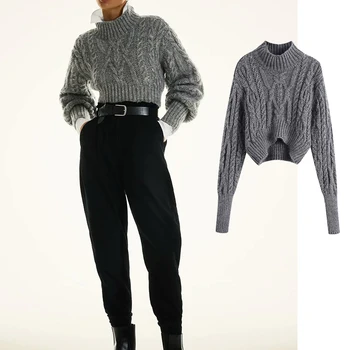 ZA 2020 Женски есента жаккардовый вязаный пуловер с висока воротом, зимни възли пуловери, всекидневни пуловер свободна плетени с дълъг ръкав