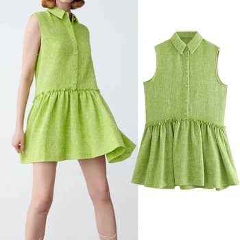 Za 2021 Зелено кратко текстурированное лятна рокля, женствена мини рокля без ръкави с гънки, дамско модно мини-рокля с рюшами копчета