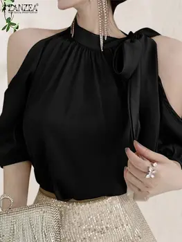 ZANZEA 2023 Летните Модни Блузи, Елегантни сатенени Стилен Потник с пищни ръкави и завязками на шията, Дамски офис Облекло, ризи за партита с открити рамене