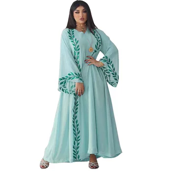 Zigui Hidjabe 2 Част от Женското Мюсюлманско Шифонового Дълъг мюсюлманския Рокли С Кръгло Деколте и Бродерия в Светло зелен Цвят В формата на Хиджаба