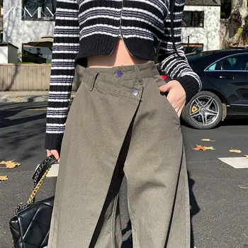 ZOMRY Y2K, пролетта прави дънки, дамски дънки с висока талия, модерни, универсални панталони-парцал, шик сиво-зелени панталони