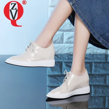 ZVQ, пролетни нови лаконичен ежедневни дамски обувки-лодка на висок ток с кръстосани шнур и остри пръсти, дамски обувки ръчна изработка от естествена кожа