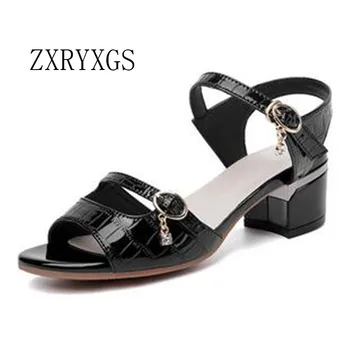 ZXRYXGS 2023, нови летни кожени сандали от телешка лачена кожа с релефни, дамски модни сандали на големия размер, с Елегантна удобни обувки