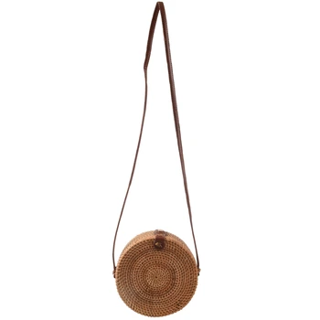 Балийски реколта кожена чанта през рамо, ръчно изработени, кръгла плажна чанта, кръгла чанта от ратан за момичета, малка чанта през рамо впечатлява със своя бохемски стил