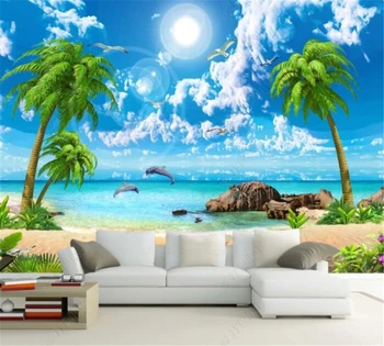 бейбехан Потребителски тапети HD красива мечта изглед към морето, кокосови палма на плажа пейзаж живопис ТЕЛЕВИЗИЯ фон на стената papel de parede