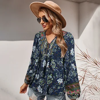 Блуза в бохемски стил в стил ретро, дамски блузи, блузы, пролетно-есенна риза с дълъг ръкав, дамски Топ