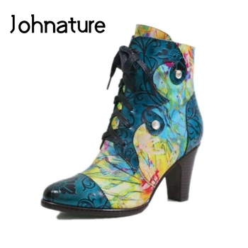 Ботильоны Johnature от естествена кожа с ръчно рисувани, дамски обувки с остър пръсти на квадратен ток, ново 2022 г., зимни дамски обувки с кръстосани шнур