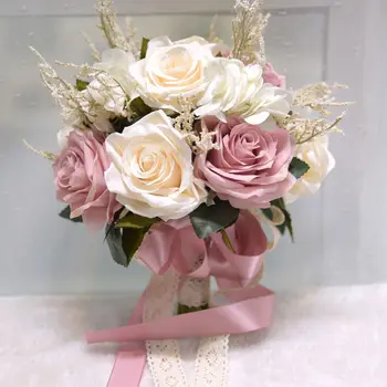Булчински Букет от изкуствени естествени рози с копринени сатенена панделка, розово, бяло шампанско за шаферките, сватба парти