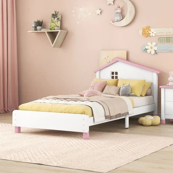 Бяло + розово дървено легло-платформа двоен размер на таблата във формата на къщички, лесно за монтаж за мебели за спалня на закрито