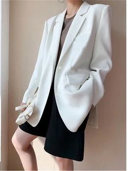 Бяло сако за жени, Пролет 2023, Нов корейски модерен костюм с дълъг ръкав и назъбени бутони, офис дамски ежедневни дълги палта