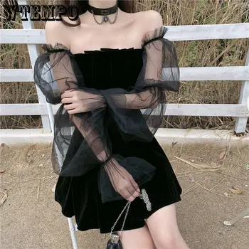 Винтажное рокля WTEMPO Y2k, Секси Черна Рокля с открити рамене В стил Хепбърн, Кратко Дантелено Шифоновое Рокля, Корейски Модни Рокли, Летни