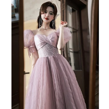 Виолетовият тюлевое рокля известни Личности с Квадратна яка и пищни ръкави, плисе Женски лъскави сватбени и вечерни рокли за бала