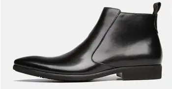 Високи дишащи зимни мъжки обувки от естествена кожа, черен на цвят, мъжки обувки с остри пръсти, официални мъжки ботильоны