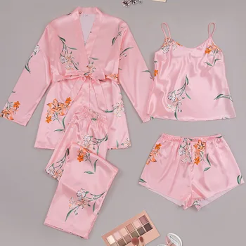 Висококачествени дамски сатен пижами, комплект от 4 теми, розова пижама с флорални принтом, домашно облекло за почивка, на върха на бретелях, халат за баня и панталони