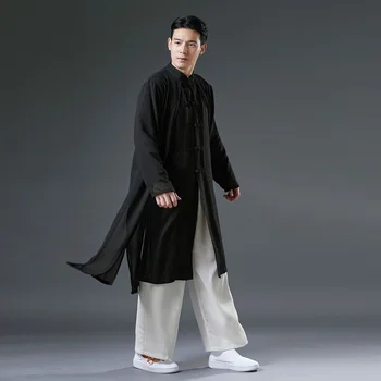 Върховете в китайски стил, Новини от 2021 г., Козина, лен костюм от епохата на Тан, ежедневна дълга рокля, дрехи за кунг-фу, традиционната китайска облекло за мъже KK3470