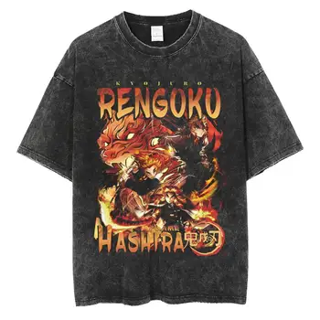 Выстиранная тениска Demon Slayer, Градинска облекло в стил хип-Хоп, Тениски Harajuku, Тениски Оверсайз от 100% памук, Отгоре с къси ръкави Nezuko Zenitsu