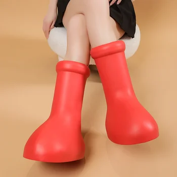 Големи червени ботуши за жени и мъже, червени непромокаеми обувки Сара Снайдер, дебела подметка, през пръсти, плоски обувки без с с анимационни герои, дамски Мъжки детски