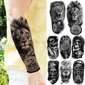 Голям компас с лъв, Временни татуировки, Враг, жени, мъже, реалистичен череп, Тигър, Пират, самурай, фалшива татуировка, стикер на ръка, Татуировки направи си САМ