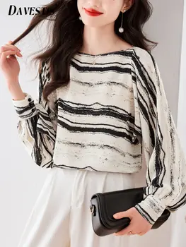 Дамски блузи на райета в стила на ретро 2023, пролет-лято, корейската мода, свободни тънки блузи за жени, тънки дишащи блузи с дълъг ръкав