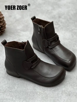 Дамски ботильоны есенни обувки са ръчно изработени от естествена кожа с високо качество, нов оригинален стил, литературен ретро стил, страничен цип 2023