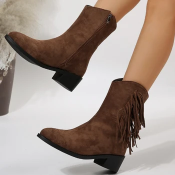Дамски ботильоны, зимни ежедневни обувки на нисък ток и цип от изкуствена велур, дамски ниски ботуши с остри пръсти, модни обувки Zapatos Para Mujeres
