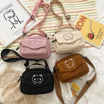 Дамски вельветовая малка чанта, холщовые чанта през рамо в корейски стил, портфейли и портмонета с медвежонком, чанта-месинджър през рамо за жени
