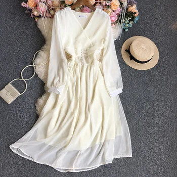 Дамски градинска дрехи с дълъг ръкав, красива женствена рокля с V-образно деколте, пролетно-лятното модно рокля в стил мозайка трапецовидна форма, елегантна ежедневна вечерна рокля