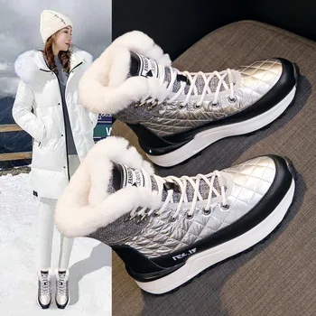 Дамски зимни обувки от естествена кожа, дамски нови къси ботуши от дебела подметка 2023, зимни обувки големи размери, топло устойчива на плъзгане водоустойчива кожа