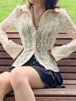 Дамски корейски модерен ризи с дълъг ръкав, с ревери, копчета, дантела и прозрачни блузи и блузи, есенни блузи Fairycore, дрехи Y2K