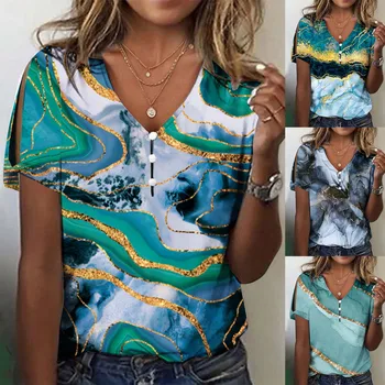 Дамски летни ежедневни тениска с къс ръкав и копчета, с V-образно деколте, риза с къс ръкав и принтом, възли блузи с дълъг ръкав за жени