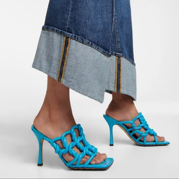 Дамски летни модни кожени сандали-чехли, елегантни обувки на висок ток-висок ток с отворен квадратни пръсти, слипоны 35 #-42#