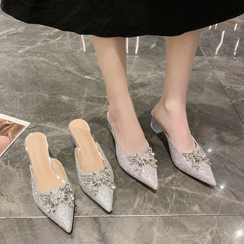 Дамски обувки DICIFY /Лято 2023, нов стил, сандали на дебел ток с кристали и лък, модни заострени чехли на висок ток с кристали, блестящи чехли