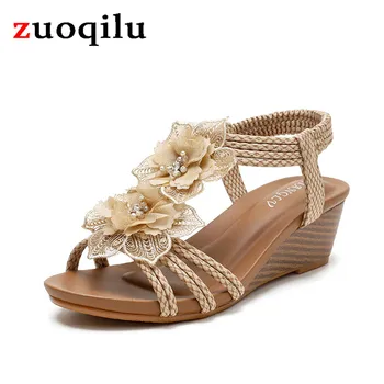 Дамски обувки в римски стил сандали с цветя модел, лятна ежедневни обувки за жени, новият дизайнерски сандали Sandalias Mujer, дамски сандали на танкетке
