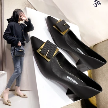 Дамски обувки Модерен черни обувки-лодка от изкуствена кожа, без закопчалка с остри пръсти, без шнур, на площада токчета, дамски бежови вечерни обувки на висок ток за жени