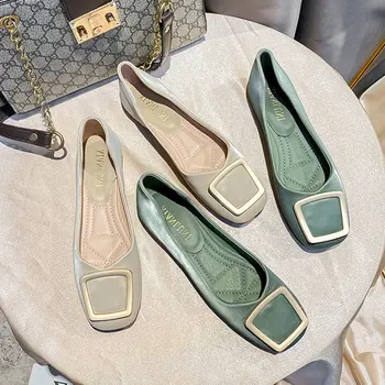 Дамски обувки на равна подметка в ретро стил, пролет-есен 2023 г., нов дамски обувки с квадратна катарама с глоба подметка, лаконичная дамски обувки, леки офис обувки на плоска подметка