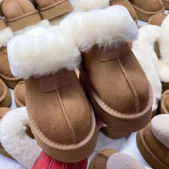 Дамски обувки, чехли, дамски зимни кожени чехли Baotou, Нови зимни ботуши на дебела подметка с вграден кожа, обувки на плоска подметка