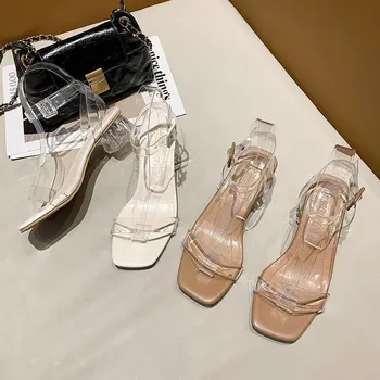 Дамски сандали и Летни обувки на висок ток с катарама от прозрачен PVC, пикантен дамски плажни обувки с квадратни пръсти и каишка на щиколотке, Zapatillas Mujer