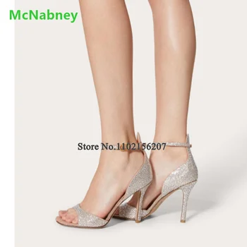 Дамски сандали на тънък висок ток с отворени пръсти, женски луксозен дизайн, каишка с катарама за щиколотке, 2023 Нови приходи, вечерни модела обувки