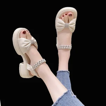 Дамски сандали с отворени пръсти, римска плажни обувки на платформа и еластичен ластик, летни нови корейски модерни ежедневни сандали на равна подметка за жени Q159