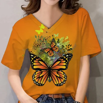 Дамски тениски с 3D принтом пеперуди, дамски дрехи, тениска с V-образно деколте и къс ръкав, модни градинска тениска за жени, ежедневни блузи