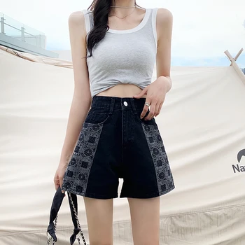 Дамски черни дънкови къси панталони с принтом и нов летен дизайн в уличном стил, шик женски мини-шорти с висока талия, топли панталони