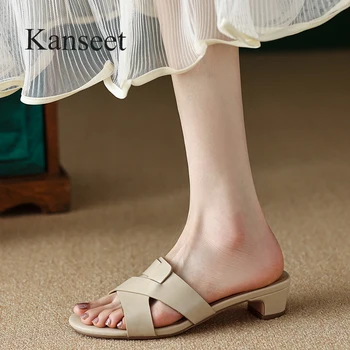 Дамски чехли Kanseet с отворени пръсти, лаконичная летни обувки, улични обувки на среден ток, дамски обувки ръчна изработка, абрикосово-кафяви на цвят, Размери 42