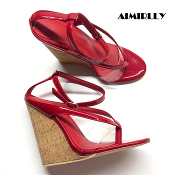 Дамски чехли с отворени пръсти, сандали на танкетке на висок ток с каишка на щиколотке, дамски ежедневни обувки, червени вечерни модела обувки, ежедневни обувки