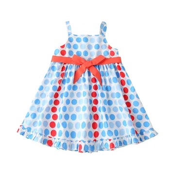 Детски дрехи за малки момичета Памучно рокля на точки с лък с дължина до коляното, рокля на принцеса за момиченца без ръкави за момичета 2-7 години