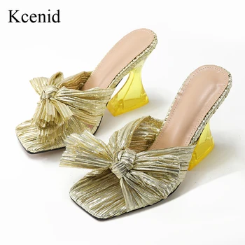 Дизайнерски дамски чехли Kcenid Ins с хубав нос, разноцветни сандали-слайдове на висок ток с кристали за жени, модни елегантен дамски обувки