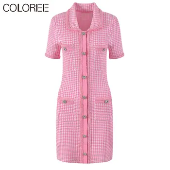 Дизайнерско елегантна рокля в розово-синя клетка за жени, лятно дамско корейското модно рокля-пуловер с къс ръкав