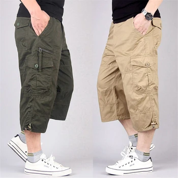 Дълги Шорти-карго, мъжки летни ежедневни памучни ластични панталони-капри с множество джобове, мъжки военно-тактически горещи къси гащички 5XL